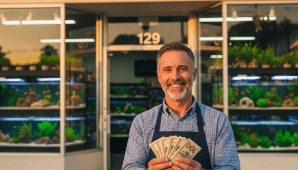 Happy Aquarium fish store owner